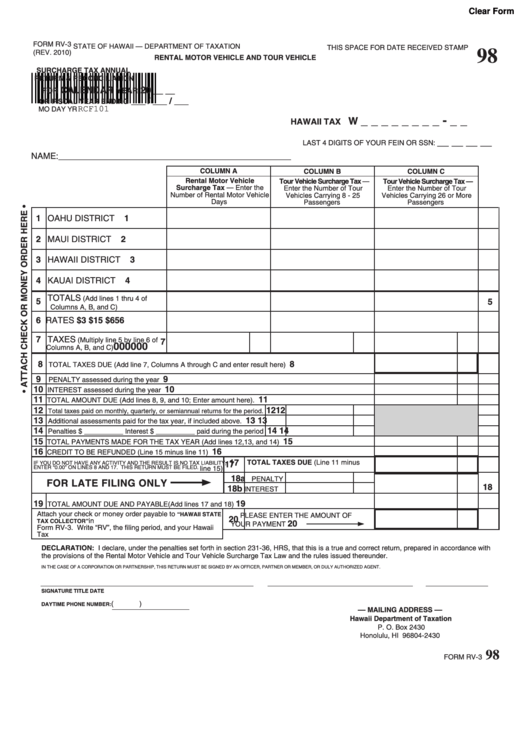Fillable Form Rv-3 - Rental Motor Vehicle And Tour Vehicle Surcharge Tax Annual Return & Reconciliation Printable pdf