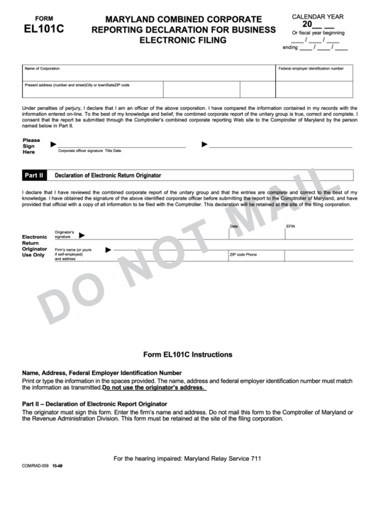 Fillable Form El101c - Maryland Combined Corporate Reporting Declaration For Business Electronic Filing Printable pdf