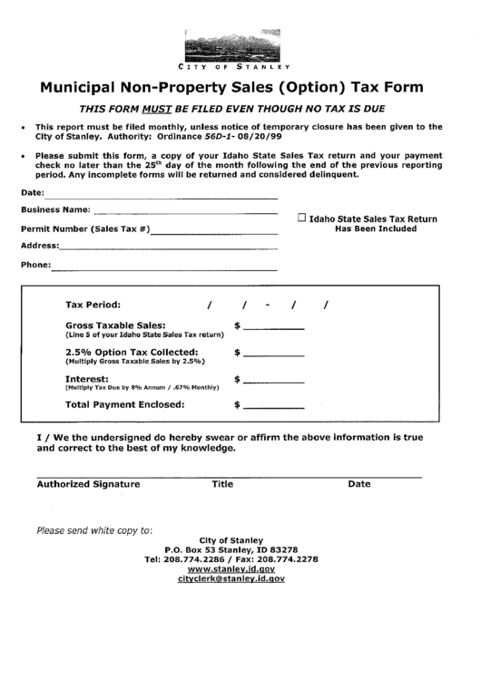 Municipal Non-Property Sales (Option) Tax Form - City Of Stanley Printable pdf