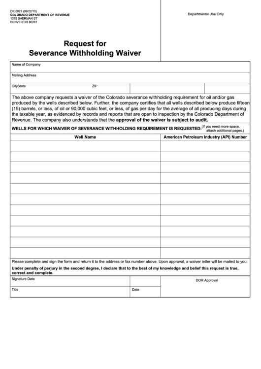 Form Dr 0023 - Request For Severance Withholding Waiver Printable pdf