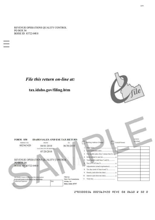 Form 850 - Idaho Sales And Use Tax Return Printable pdf