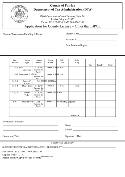 Application For County License-Other Than Bpol Form - 2010 Printable pdf