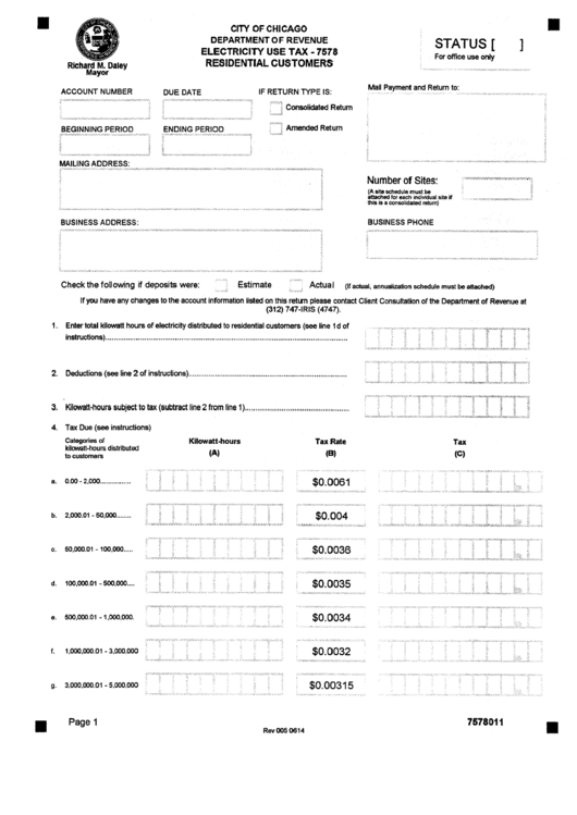 Electricity Use Tax Form - 7578 Residential Customers - State Of Illinois Printable pdf