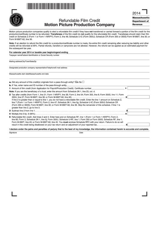 Refundable Film Credit Form Motion Picture Production Company - 2014 Printable pdf