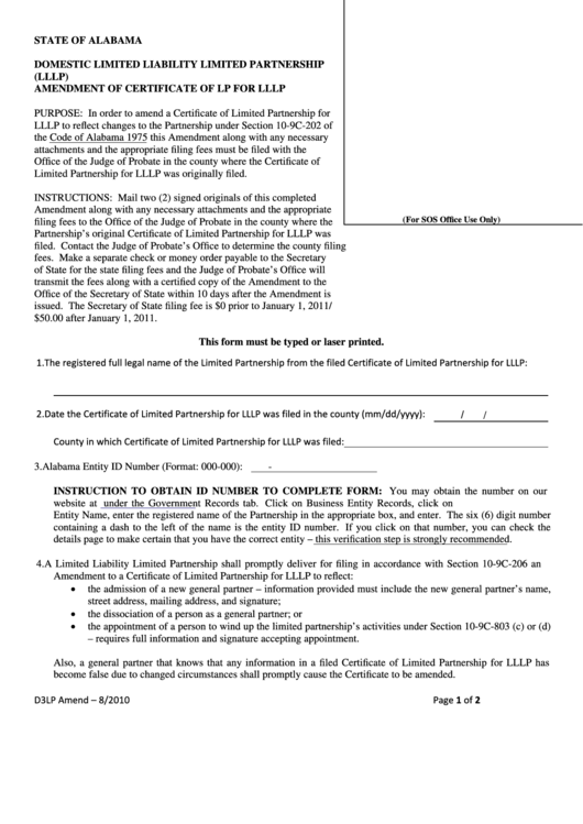Fillable Domestic Limited Liability Limited Partnership (Lllp) Amendment Of Certificate Of Lp For Lllp Form Printable pdf