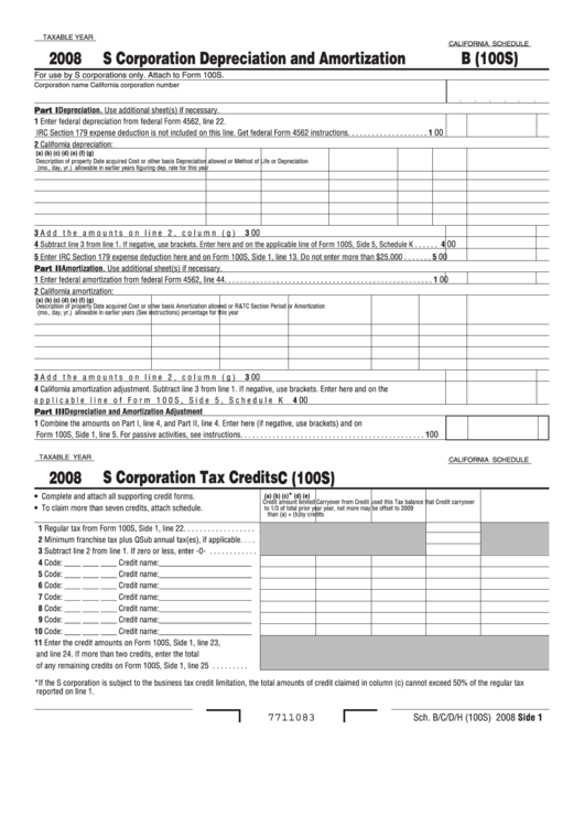 Fillable California Schedule B (100s) - S Corporation Depreciation And Amortization - 2008 Printable pdf