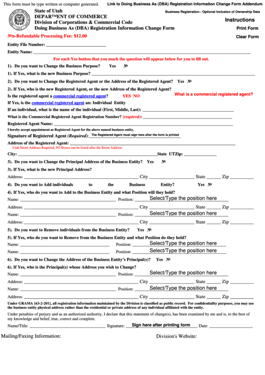 Fillable Doing Business As (Dba) Registration Information Change Form - Utah Department Of Commerce Printable pdf