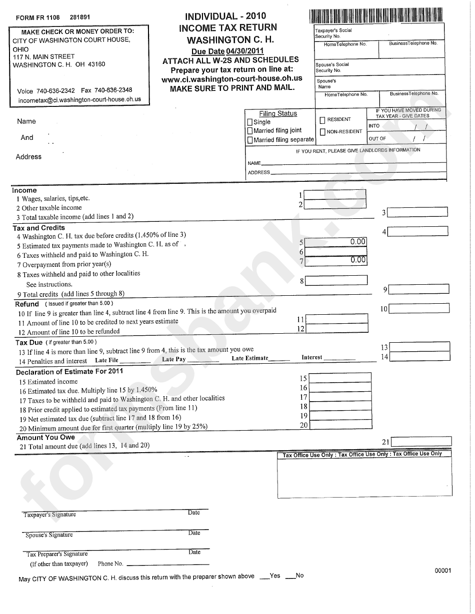 Form Fr 1108 - Income Tax Return Washington C. H.