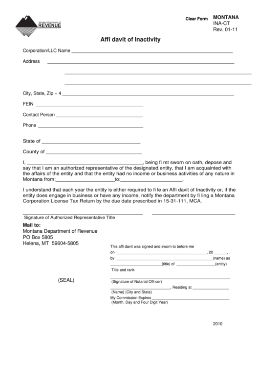 Fillable Form Ina-Ct - Affidavit Of Inactivity Printable pdf