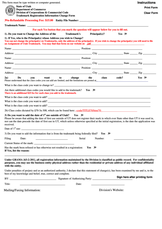 Fillable Trademark Registration Information Change Form - Utah Department Of Commerce Printable pdf