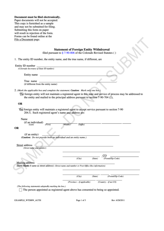 Statement Of Foreign Entity Withdrawal Sample Form - Colorado Printable pdf
