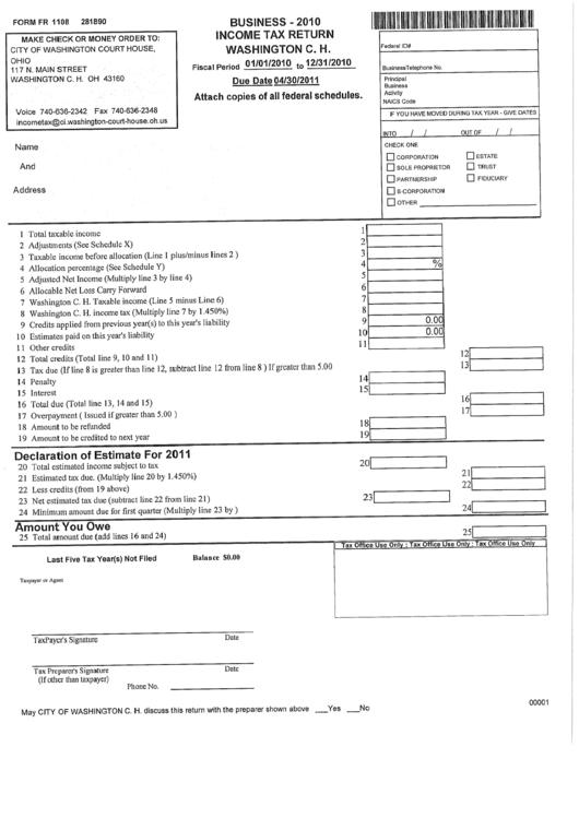 Form Fr 1108 - Income Tax Return Washington C.h. - 2010 Printable pdf