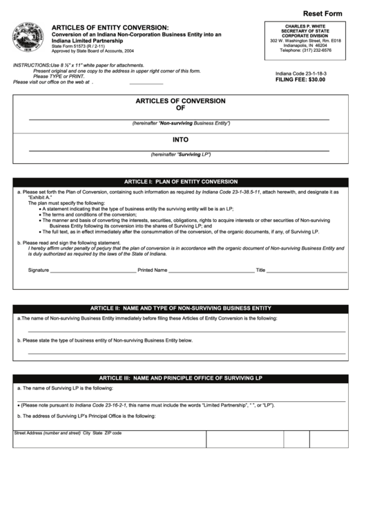 Fillable State Form 51573 - Articles Of Entity Conversation Conversion - 2011 Printable pdf