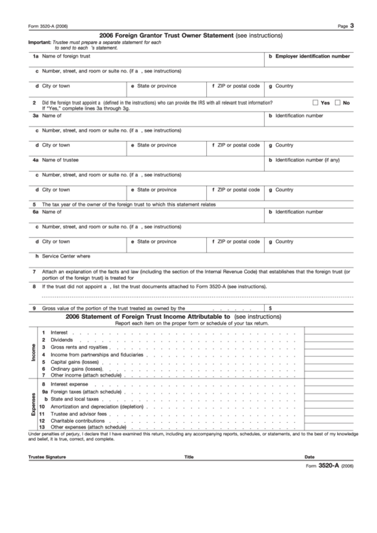 Fillable Form 3520-A - 2006 Foreign Grantor Trust Owner Statement Printable pdf