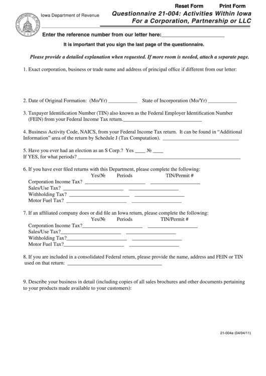 Fillable Questionnaire 21-004: Activities Within Iowa For A Corporation, Partnership Or Llc Printable pdf