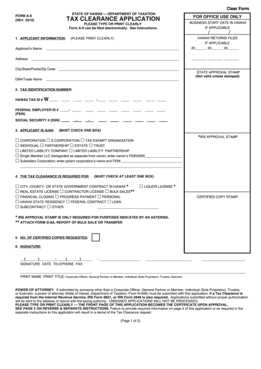 Fillable Form A6 Tax Clearance Application (2010) printable pdf download