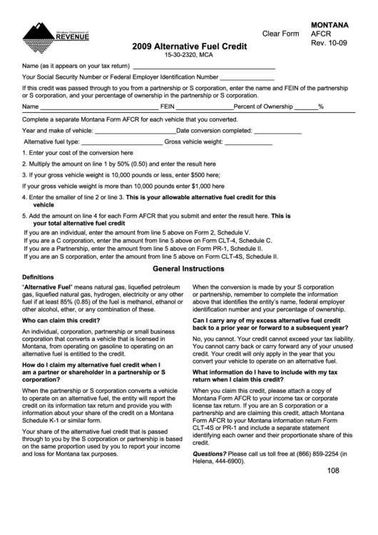 Fillable Form Afcr - Alternative Fuel Credit - 2009 Printable pdf