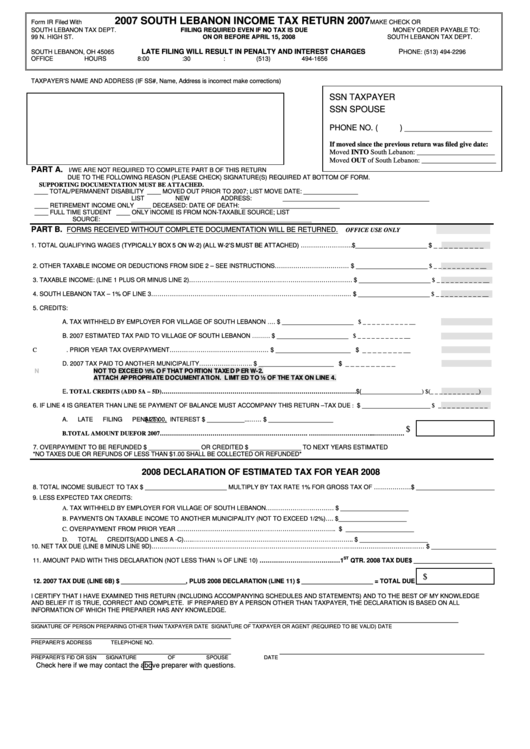 Form Ir - South Lebanon Income Tax Return - 2007 printable pdf download