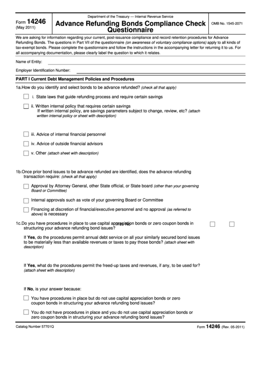 Fillable Form 14246 - Advance Refunding Bonds Compliance Check Questionnaire - 2011 Printable pdf