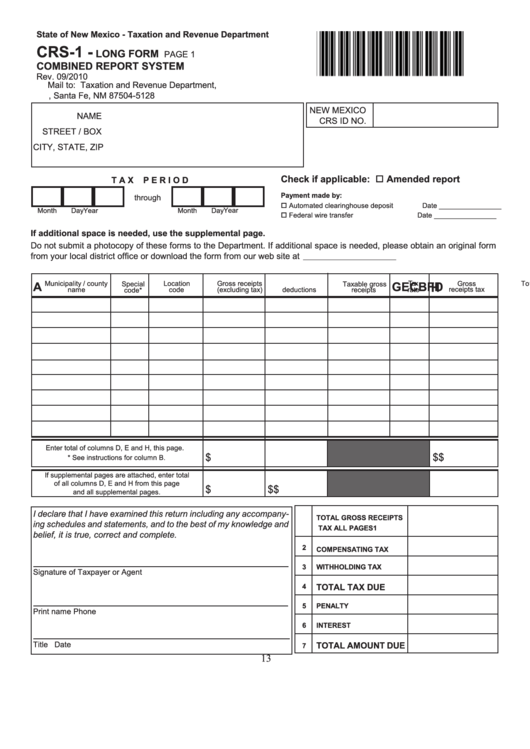 Form Crs-1 - Long Form - Combined Report System 2010 Printable pdf