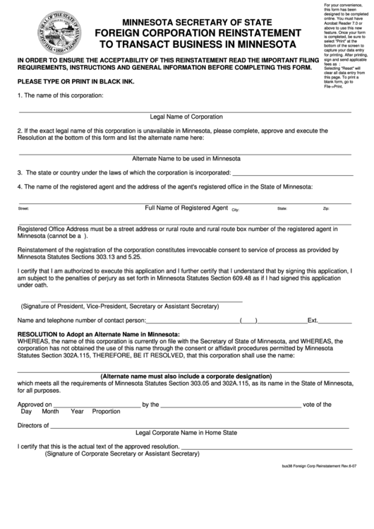 Fillable Foreign Corporation Reinstatement To Transact Business In Minnesota - 2007 Printable pdf