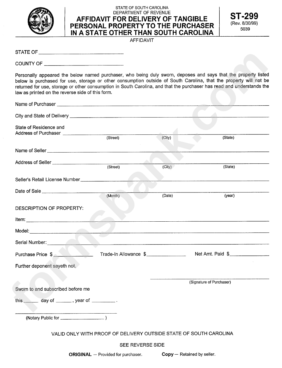Form St -299 - Affidavit For Delivery Of Tangible Personal Property To The Purchaser In A State Other Than South Carolina