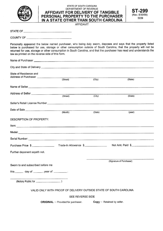 Form St -299 - Affidavit For Delivery Of Tangible Personal Property To The Purchaser In A State Other Than South Carolina Printable pdf