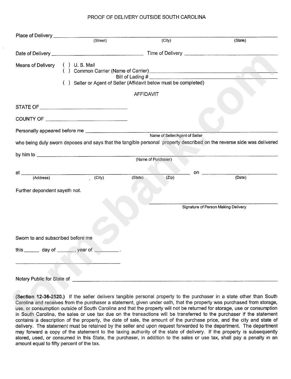 Form St -299 - Affidavit For Delivery Of Tangible Personal Property To The Purchaser In A State Other Than South Carolina