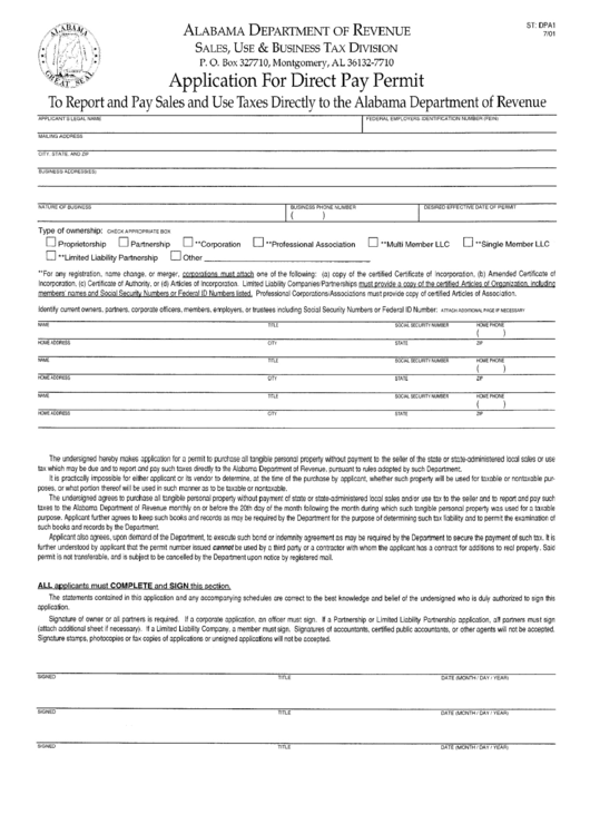 Form St: Dpa1 - Application For Direct Pay Permit