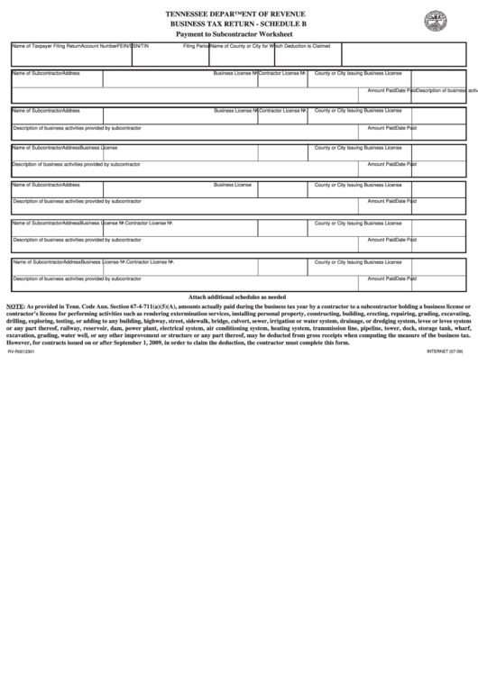Form Rv-R0012301 - Business Tax Return - Payment To Subcontractor Worksheet Printable pdf