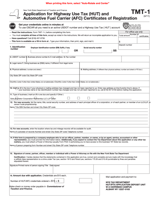 Fillable Form Tmt-1 - Application For Highway Use Tax (Hut) And Automotive Fuel Carrier (Afc) Certificates Of Registration Printable pdf