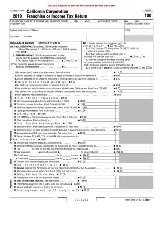 Fillable Form 100 - California Corporation Franchise Or Income Tax Return - 2010 Printable pdf