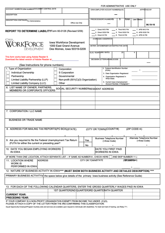 Fillable Form 60-0126 - Report To Determine Liability - 2009 Printable pdf