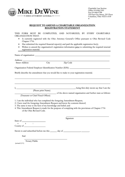 Fillable Request To Amend A Charitable Organization Registration Statement - Charitable Law Section Printable pdf