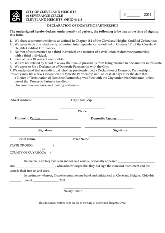 Fillable Declaration Of Domestic Partnership - City Of Cleveland Heights - 2011 Printable pdf