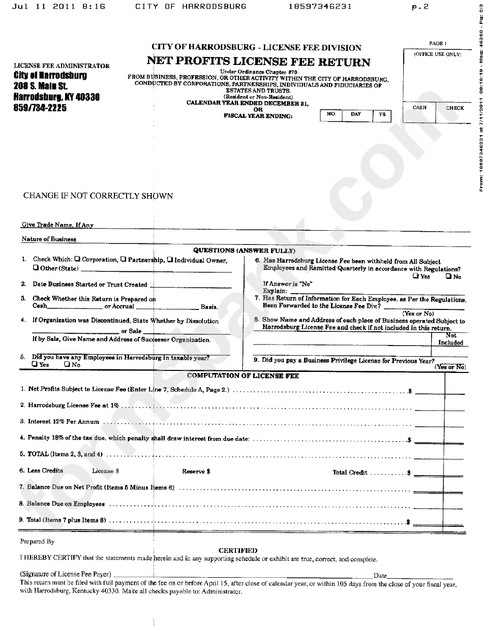 Net Profits License Fee Return Form 2011 printable pdf download