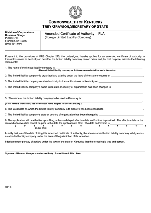 Fillable Form Fla - Amended Certificate Of Authority (Foreign Limited Liability Company) - Commonwealth Of Kentucky Printable pdf