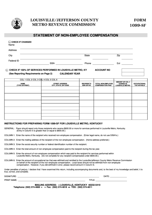 Fillable Form 1099-Sf - Statement Of Non-Employee Compensation - Louisville/jefferson County Metro Revenue Commission Printable pdf