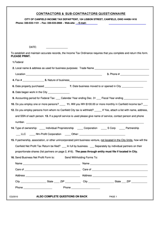 Form Cq/2010 - Contractors & Sub-Contractors Questionnaire Printable pdf