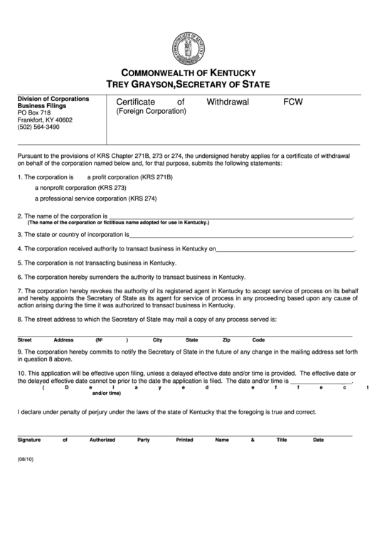 Fillable Form Fcw - Certificate Of Withdrawl (Foreign Corporation) Printable pdf