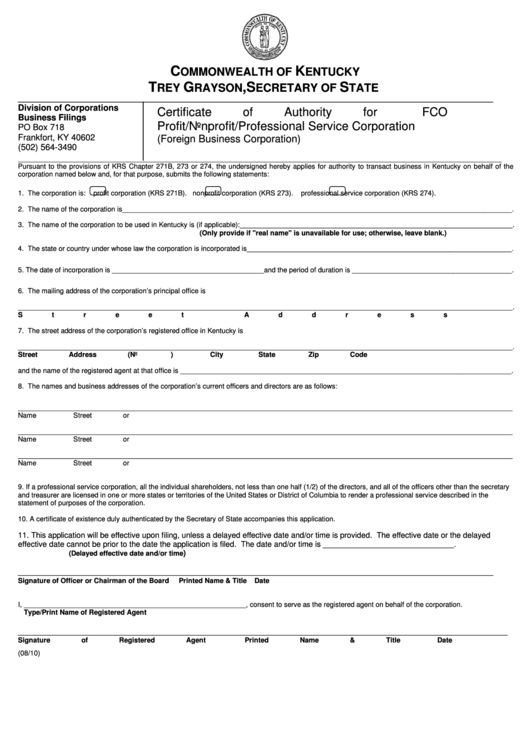 Fillable Form Fco - Certificate Of Authority For Profit/nonprofit/professional Service Corporation (Foreign Business Corporation) - 2010 Printable pdf