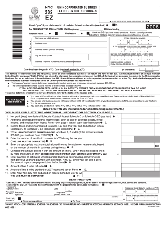 Form Nyc 202 Ez - Unincorporated Business Tax Return For Individuals - 2006 Printable pdf