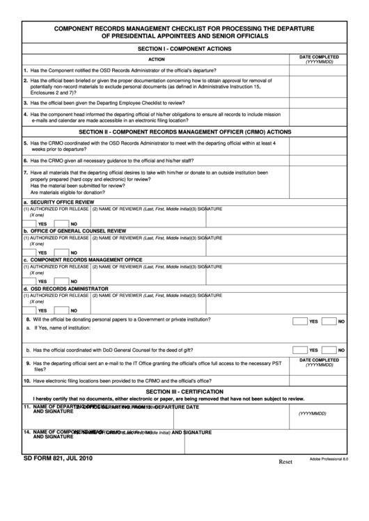 Fillable Sd Form 821 - Component Records Management Checklist For Processing The Departure Of Presidential Appointees And Senior Officials Printable pdf