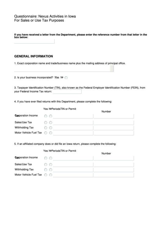 Fillable Questionnaire: Nexus Activities In Iowa For Sales Or Use Tax Purposes Printable pdf