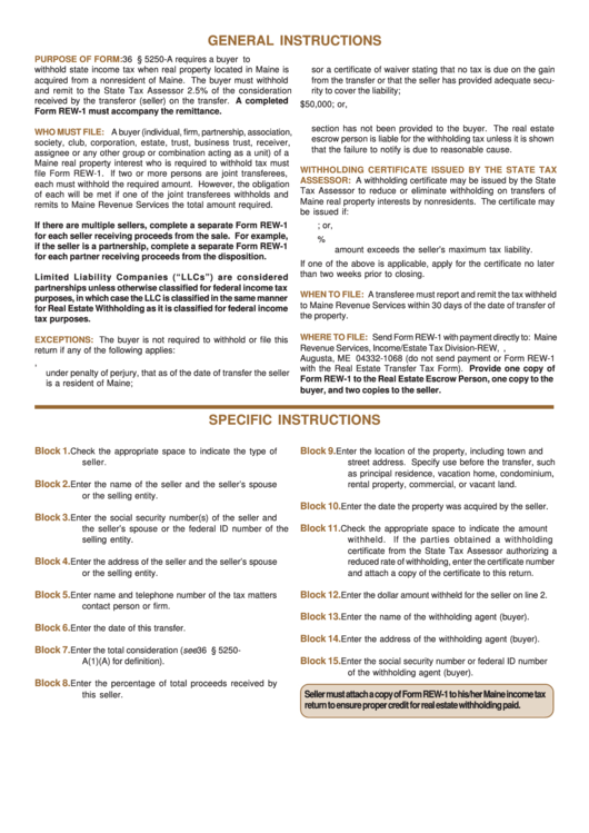 Instructions For Form Rew-1 Printable pdf