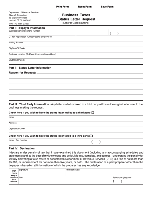 Fillable Form Tpg-170 - Business Taxes Status Letter Request Printable pdf