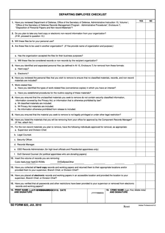 Fillable Sd Form 822 - Departing Employee Checklist Printable pdf