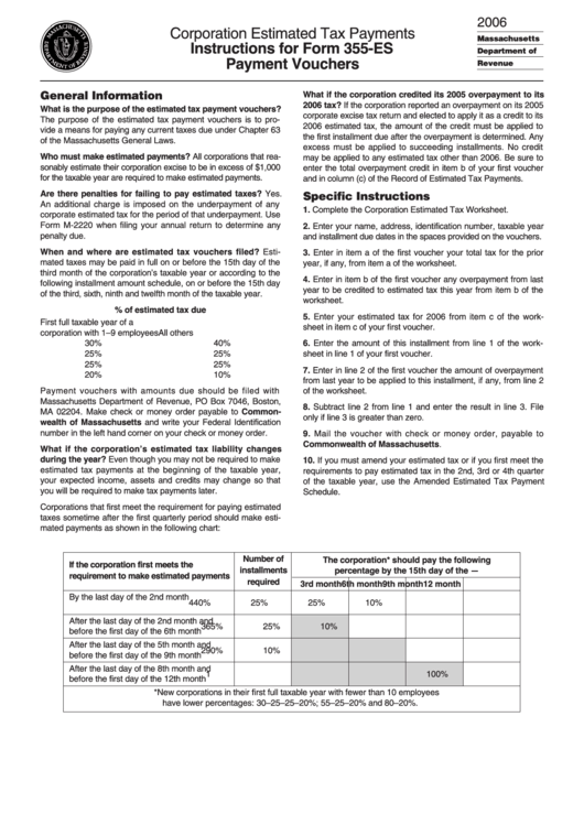 Corporation Estimated Tax Payments Instructions For Form 355-Es Payment Vouchers - 2006 Printable pdf