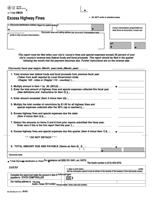 Fillable Form 40-128 - Excess Highway Fines Printable pdf