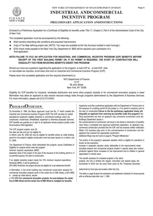 Industrial And Commercial Incentive Program Preliminary Application And Instructions Printable pdf